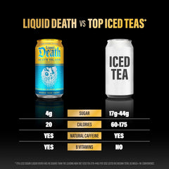 Liquid Death Iced Tea - Death Island (Tropical-Flavored Black Tea), Less Sugar*, Boost of Caffeine, B Vitamins, No Artificial Sweeteners, 12 Fl Oz (Pack of 12)