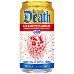 Liquid Death Iced Tea, Pop-Tarts™ Carnage (Pop-Tarts® Frosted Strawberry Toaster Pastry Flavored Black Tea), Less Sugar*, Boost of Caffeine, B Vitamins, No Artificial Sweeteners, 12 Fl Oz (Pack of 12)