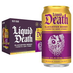 Liquid Death Iced Tea - Slaughter Berry (Raspberry-Flavored Black Tea), Less Sugar*, Boost of Caffeine, B Vitamins, No Artificial Sweeteners, 12 Fl Oz (Pack of 12)