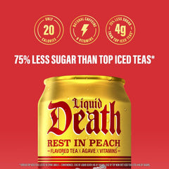 Liquid Death Iced Tea - Rest In Peach (Peach-Flavored Black Tea), Less Sugar*, Boost of Caffeine, B Vitamins, No Artificial Sweeteners, 12 Fl Oz (Pack of 12)