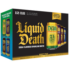 Liquid Death Soda-Flavored Sparkling Water - Classic Variety 2, Less Sugar*, Huge Flavor, No Artificial Sweeteners, 4 Flavors: Sinister Ginger, Doctor Death, Cola, Root Beer, 12 Fl Oz (Pack of 12)