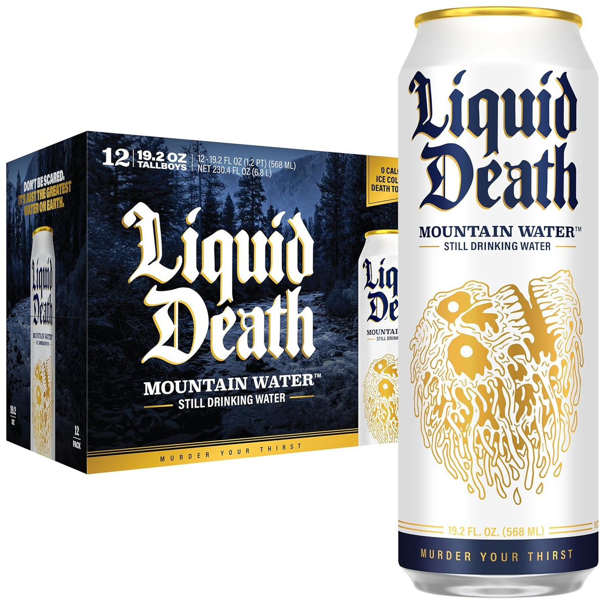 Liquid Death Still Mountain Water, Real Mountain Source, Ice-Cold Cans, Infinitely Recyclable, King Size 19.2 Fl Oz (Pack of 12)
